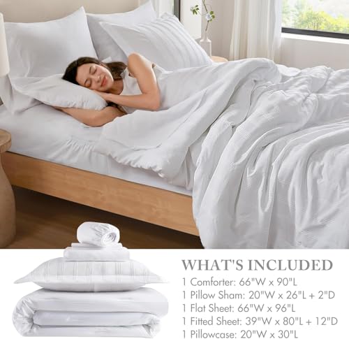 Madison Park Essentials Striped Comforter Set Twin XL, 5 Pieces Modern Minimalist Jacquard Bedding Set for All Season, Bed in A Bag with Sheet Set and Soft Brushed Reverse, Lightweight White Madison Park Essentials