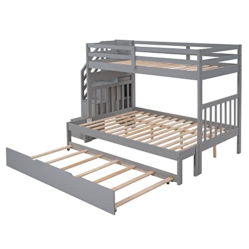 Twin over Full Bunk Bed with Trundle for 2 Kids, Wood Twin over Full Size Bunk Bed with Storage Cabinet and Drawers, Convertible Bunk Beds Split into 3 Beds for Teens, Adults, Noise-reduced, Gray Harper & Bright Designs