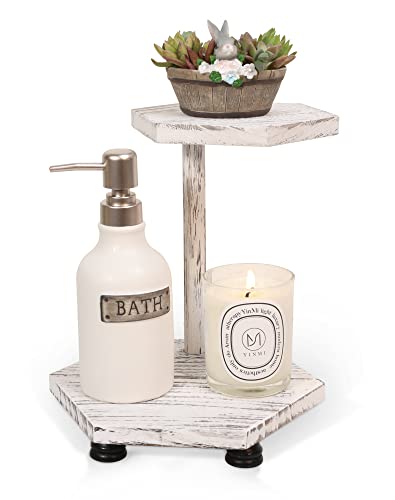 Tikea Hexagonal Wood Riser for Display, 2-Tier Wood Farmhouse Riser for Kitchen Bathroom Counter Decor, Decorative Tray for Soap Dispenser, Decorations and Plant (White) Tikea