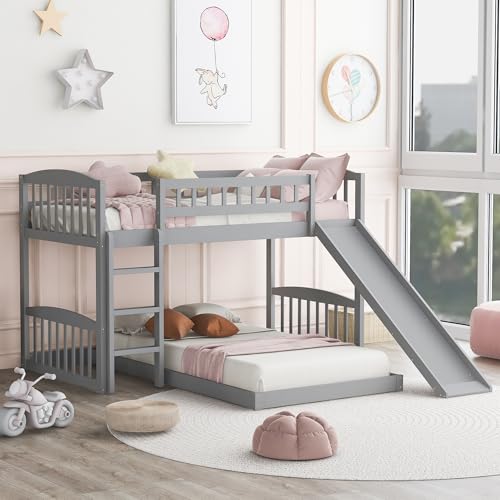 LZ LEISURE ZONE Twin Over Twin Bunk Bed, Wood Bunk Bed with Slide and Ladder, Gray LZ LEISURE ZONE