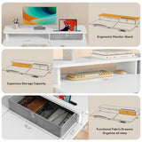 White Standing Desk，60° Tiltable Height Adjustable Electric Rising Desk，40Inch Foldable Mobile Laptop Table with Shelf,Monitor Stand, Drawer ,Flippable Drafting Workstation on Wheels for Kids’ Drawing Gibbon Mounts