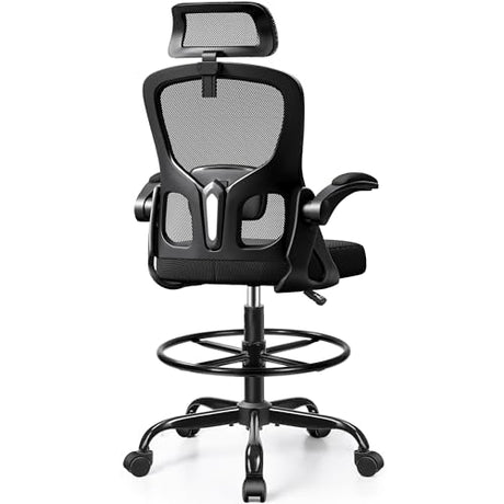 FINATI Drafting Chair, Tall Office Chair for Standing Desk, Ergonomic High Back with Headrest, Lumbar Support, Foot Ring and Flip-up Armrests, Black FINATI
