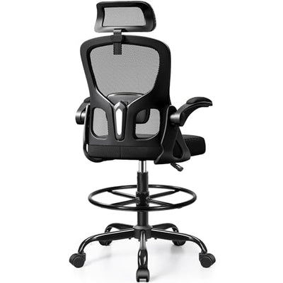 FINATI Drafting Chair, Tall Office Chair for Standing Desk, Ergonomic High Back with Headrest, Lumbar Support, Foot Ring and Flip-up Armrests, Black