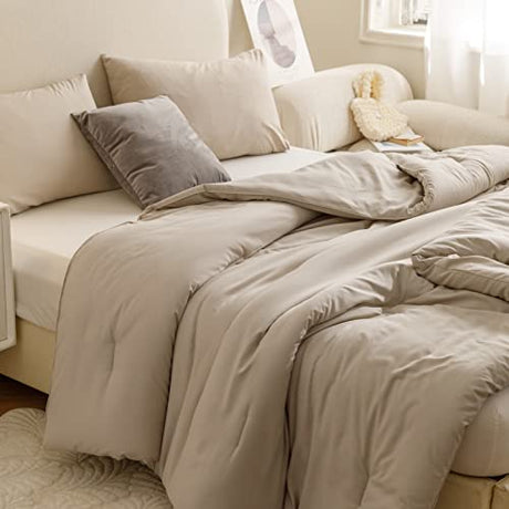 ROSGONIA Queen Comforter Set Oatmeal, 3pcs(1 Boho Oatmeal Comforter & 2 Pillowcases) All Season Soft Bedding Lightweight Bedspread Blanket Quilt ROSGONIA