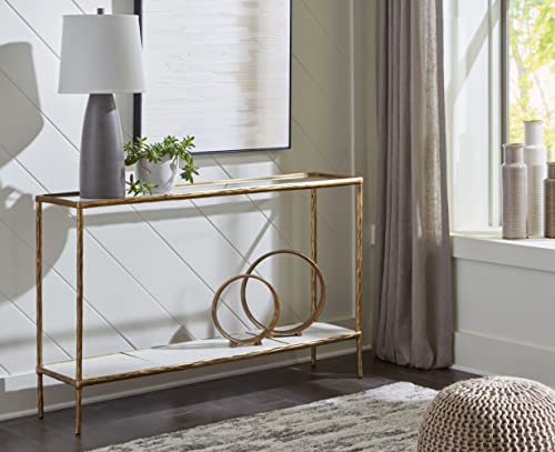Signature Design by Ashley Ryandale Console Sofa Table, Glass Tabletop, White Marble Lower Shelf, Sand Casted Aluminum, 52" W x 12.5" D x 32.75" H, Antique Brass Finish Signature Design by Ashley