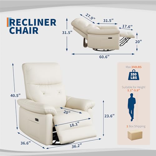 Garvee Power Recliner Chair with 270° Swivel and Rocking, Electric Glider Nursery Chair with USB Charging Port, PU Leather Upholstery and Button Tufted Backrest for Living Room, Cream