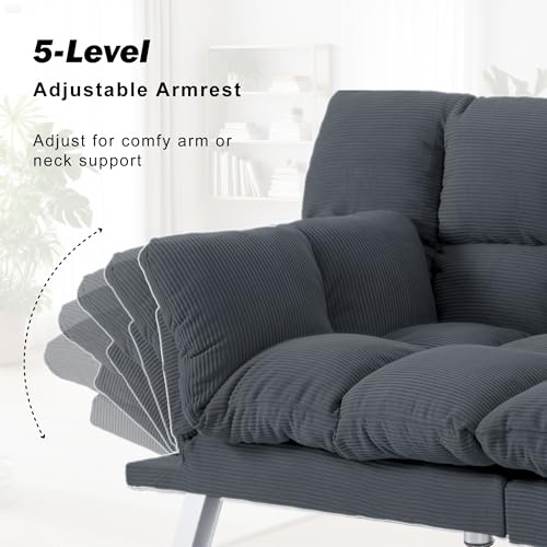 Modern Corduroy Sofa Bed Futon,Convertible Sleeper Bed Couch with 4 Reclining Backrest &Armrest,68" Comfy Cloud Sofa Loveseat for Small Living Room Office (Grey) Anwick