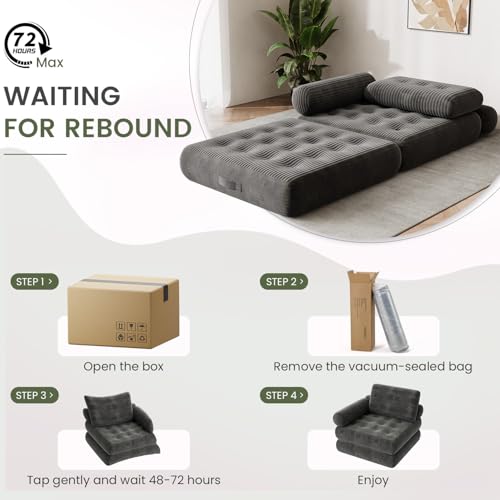 DSNAPE 35" Folding Sofa Bed, 5-in-1 Convertible Sleeper Chair Floor Mattress with Removable Armrest, Boneless Couch in a Box Fold Out Futon Lounge Chair Bed for Dorm Bedroom Small Space - Grey, Single DSNAPE