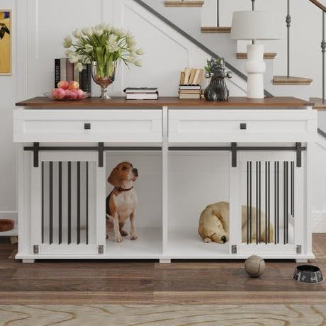 63'' Double Dog Crate Furniture for 2 Dogs, XXL Wooden 2 Dog Kennel, Wooden Dog Kennel with 2 Drawers,Divider and Sliding Door, Indoor Furniture Style Dog Crate End Table, White QueZeiah