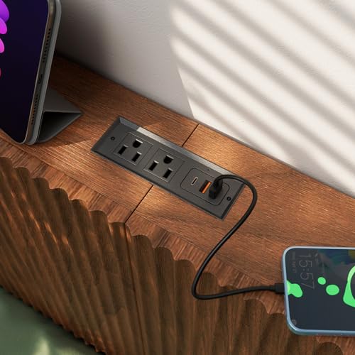 Evermagin Walnut King Floating Bed Frame with Headboard, Mid Century Modern Fluted Platform Bed with LED Lights, Heavy Duty Floating Bedframe with Charging Station, No Box Spring Needed Evermagin