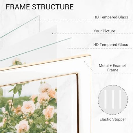 Axeman 8x10 Gold Floating Frame White Enamel Picture Frame with Metal Edge for 6x8, 5x7 up to 8x10 Photo Double Glass Floating Picture Frame for Desk Tabletop Shelf Vertical Display Axeman