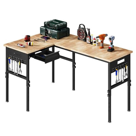 EROMMY 47"/94" Heavy-Duty Adjustable Workbench, 5000 LBS Load Capacity L-Shaped Work Bench with Power Strip and Pegboard, Rubber Wood Work Table for Garage, Workshop, Office, Home, Commercial EROMMY