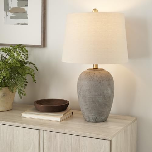 Nourison 23" Rustic Brown with Gray Undertones Ceramic Pot Table Lamp for Bedroom, Living Room, Dining Room, Office, with Beige Shade Nourison