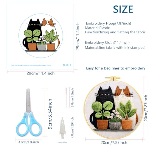 Zhenqing Cats and Potted Plants Embroidery Kit for Beginners, Pre-Printed 29x29cm Cotton Fabric with 20cm Hoop, Cute Cat Duo Design for Home Decor(JC0010)