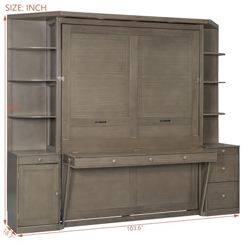 THINK 30 Queen Size Murphy Bed with Desk&Open Shelves&Cabinet, Wooden Foldable Hidden Wall Bed with Foldout Workstation&Drawers, Space-Saving Queen Murphy for Bedroom Study Home Office (Gray Style1) THINK 30
