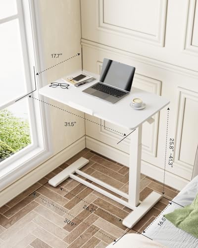 FLEXISPOT H7 PRO Mobile Standing Desk Adjustable Overbed Table Pneumatic with Wheels 90°Tiltable Portable Laptop Desk Rolling Computer Cart Foldable Bedside Table(31.5" W x 17.7" D, White) FLEXISPOT