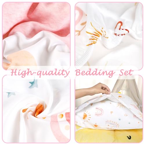 CARUILI Toddler Bedding Set for Girls, 4 Piece Rainbow Toddler Girl Bedding Set, Super Soft & Lightweight Toddler Comforter Set Includes Comforter, Flat Sheet, Fitted Sheet, Pillowcase (Pink) CARUILI