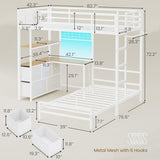 DICTAC Bunk Bed with L-Shaped Desk,5 Storage Drawers and 2 Shelves Metal Twin XL Over Twin Bunk Bed with LED Lights and Charging Station,bunk Beds with Safety Guardrail & Ladder,Space-Saving,White DICTAC