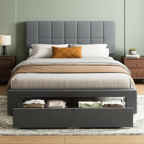 Marsail Full Bed Frame with 2 Storage Drawers - Upholstered, Adjustable Headboard,6"-12" Mattress Fit, 1300 lbs Capacity, 12-Leg Sturdy Wood Construction, Dark Gray Marsail