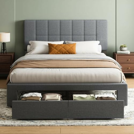 Marsail Full Bed Frame with 2 Storage Drawers - Upholstered, Adjustable Headboard,6"-12" Mattress Fit, 1300 lbs Capacity, 12-Leg Sturdy Wood Construction, Dark Gray Marsail