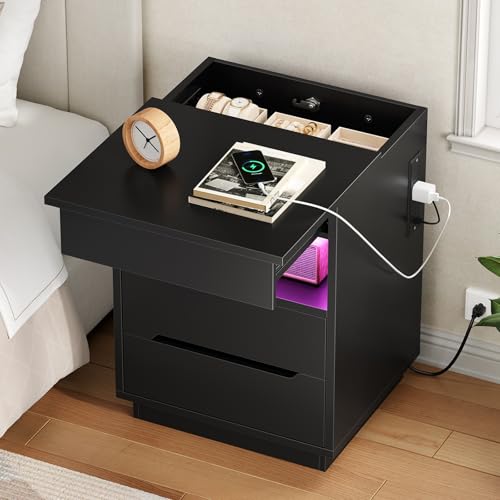 HOOBRO Nightstand with Charging Station, LED Bedside Table with Drawers, Lockable Hidden Compartment, Modern End Table, Night Stand for Bedroom, 2 AC Outlets, USB-A Port and Type-C, Black BB144UDBZ01 HOOBRO