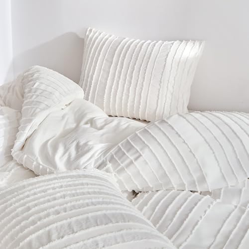 WARMDERN White Boho Duvet Cover Set Full Size, Striped Textured Duvet Cover Tufted Bedding Set, 3 Pcs Ultra Soft Washed Microfiber Duvet Cover with Zipper Closure (Full, White) WARMDERN