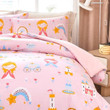 WINLIFE Pink Princess Comforter Set Queen Size for Girls 3 Pieces Soft Microfiber Cute Floral Fairytale Castle Pink and Blue Bedding Sets WINLIFE