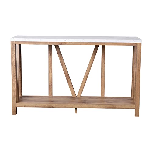 BizChair Farmhouse 2-Tier Console Table - Warm Oak Finish Engineered Wood Frame - Marble Finish Tabletop - for Entryway or Living Room BizChair