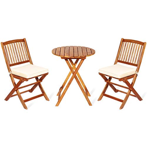 Giantex 3Pcs Patio Bistro Set, Wood Folding Table Set, 2 Cushioned Chairs for Garden Yard, Outdoor Furniture Round Table (Natural & Beige) Giantex