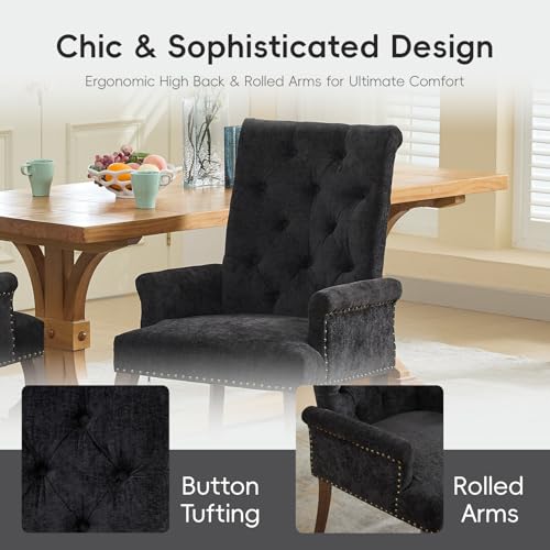 KIUMU Upholstered Tufted Chenille Dining Chairs with Arms & Nailhead Trim – Solid Wood Frame & Legs, Modern Farmhouse for Dining, Kitchen & Living Room (Set of 1, Black) KIUMU
