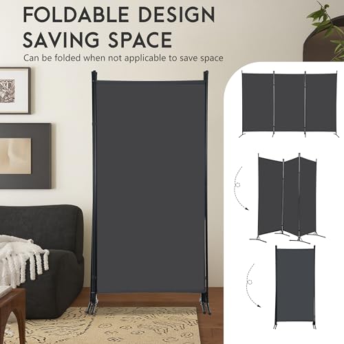 FDW 3-Panel Room Divider Privacy Screen, 6FT Portable Folding Partition with Metal Frame (102" W x 70" H) for Office/Home Use, Grey FDW