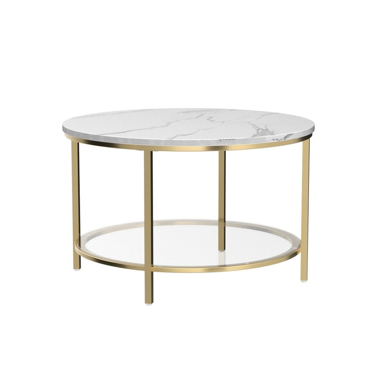 YITAHOME White Marble Round Coffee Table with Glass for Living Room, 2-Tier Circle Coffee Table with Storage Clear Coffee Table, Simple Modern Center Cocktail Table, White & Gold YITAHOME