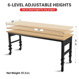 72" × 24'' Height Adjustable Workbench - Rolling Heavy-Duty Worktable with Power Outlet and Wheels, Large Load Capacity Rubber Wood Top Workbench for Garage Office Workshop Home (72" × 24'') Arbacipher