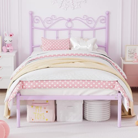 Merronix Twin Bed Frames with Headboard, Elegant Metal Bed Frame for Kids Girls, Modern Twin Size Platform Bed - No Box Spring Needed, 11.2 Inches Height Underbed Storage - Purple Merronix