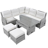 YOPTO 8-Piece Outdoor Furniture Couch Set,Rattan Patio Conversation Sectional Sofa Set with Adjustable Table,Recliners W/Extendable Side Tables & 2 Movable Ottomans,for Patio,Lawn,Backyard,Pool,Beige YOPTO