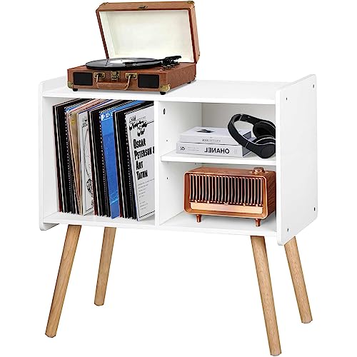 Possile Mid-Century Record Player Stand, Vinyl Record Cabinet Holder with Storage Up to 100 Albums, Record Player Table for Living Room Bedroom Office, Turntable Stand with Wood Legs, White Possile