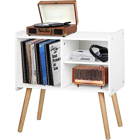 Possile Mid-Century Record Player Stand, Vinyl Record Cabinet Holder with Storage Up to 100 Albums, Record Player Table for Living Room Bedroom Office, Turntable Stand with Wood Legs, White Possile