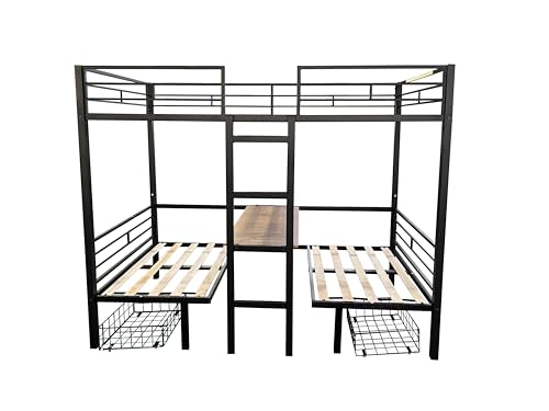 PVWIIK Twin Size Loft Bed with Drawer and Desk & Table Sets Transformable,Metal Sturdy Bed Frame w/Wood Slats Support for Dorm,Bedroom,Guest Room,Twin Over Twin Bunk Bed,Black PVWIIK