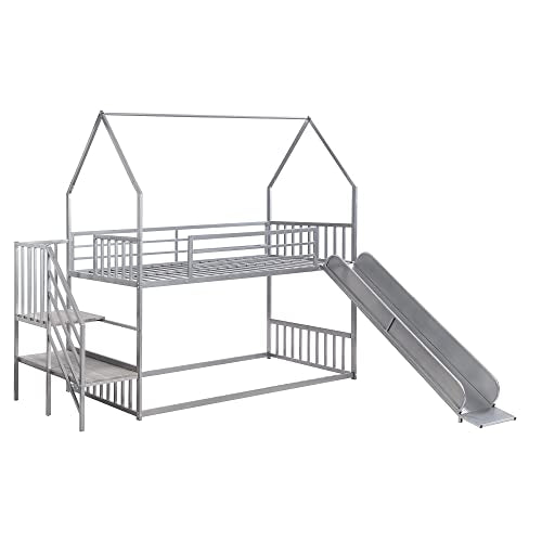 Twin Over Twin Bunk Bed with Slide and Storage Stairs, Heavy Duty Bunk Bed/House Bunk Bed Twin Over Twin, Twin Floor Bunk Beds for Kids, Girls, Boys(Twin Over Twin Sliver) Bellemave