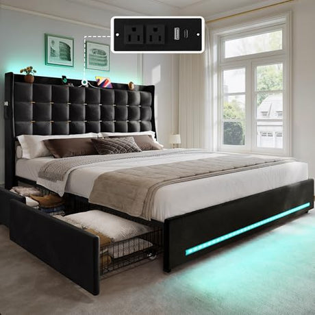 YITAHOME Queen Size Bed Frame with 4 Drawers and RGB LED Lights, Velvet Upholstered Platform Bed with Charging Station and Storage Headboard, No Box Spring Needed, Easy Assembly, Black YITAHOME