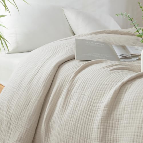 PHF 100% Cotton Muslin Blanket King Size 108"x90", 4-Layer Lightweight Gauze Throw, Breathable Cloud-Soft Minimalist Blanket for Bed, Couch, Camping & Baby, Oat Milk, Ideal Gift PHF
