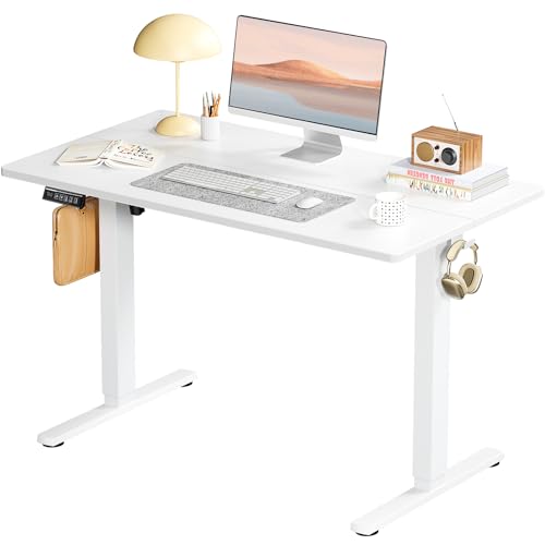 Smug Adjustable Height Standing Desk Electric Sit Stand Up Down Computer Table Ergonomic Rising Modern Lift Motorized Gaming Desktop Workstation for Work Home Office, 40" L X 24" W, White SMUG