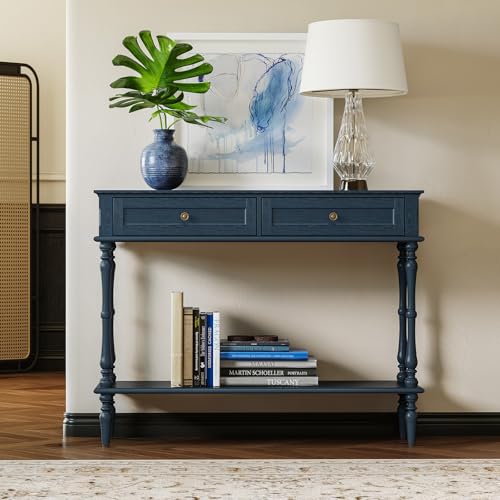 ARTPOWER Console Table for Entryway with 2 Drawers-Minimal Assembly,Blue Retro Entryway Table with Storage Cabinets and Open Shelf,Narrow Long Couch Table Behind Sofa for Living Room,Foyer,Hallway ARTPOWER