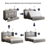 ZAFLY Murphy Bed Queen, Cabinet Bed with Tri-Folding Mattress, Hidden Guest Wall Beds with USB Charging Station & Storage Drawers, Modern Multifunctional Cabinet Murphy Beds, Saving Spaces - Grey ZAFLY