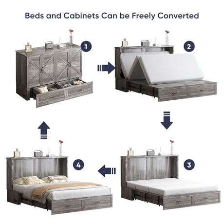 ZAFLY Murphy Bed Queen, Cabinet Bed with Tri-Folding Mattress, Hidden Guest Wall Beds with USB Charging Station & Storage Drawers, Modern Multifunctional Cabinet Murphy Beds, Saving Spaces - Grey ZAFLY