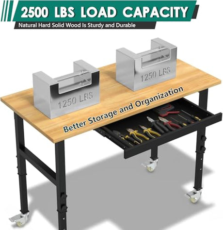 Adjustable Heavy Duty Workbench with Drawers,Rubber Wood Top Working Table, 2500 LBS Load Capacity DUSACOM