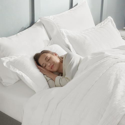 CozyLux Queen Comforter Set White Seersucker 7 Pieces Bed in a Bag Queen Comforter Set with Sheets, Luxury Soft Bedding Set with Down Alternative Comforter, Sheets, Pillowcases & Shams for All Seasons CozyLux