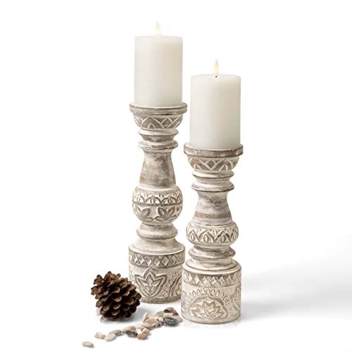 Kurrajong Farmhouse Candle Holders - Boho Set of 2 Tall Candle Stands | Decorative Wood Candle Holders | 10" and 12" high | White Washed Candle Holders for Pillar Candles Kurrajong Farmhouse
