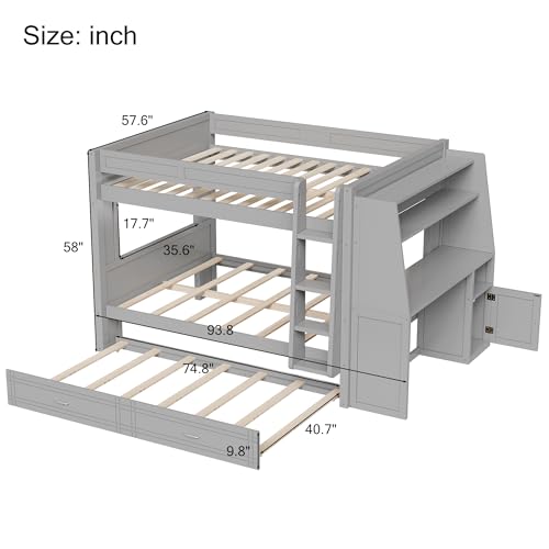 CKLMMC Full Size Multifunctional Bunk Bed with Desk and Bookshelves, Trundle, Space-Saving Wooden Bunk Bed for Kids & Teens (Gray/T) CKLMMC