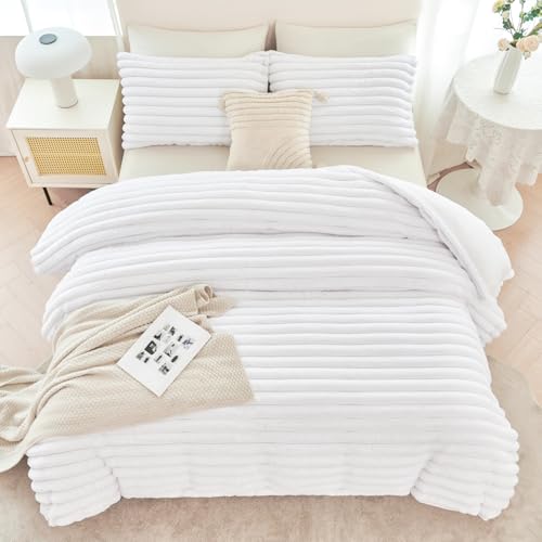 ANGIYUIN 3 Pieces White Duvet Cover Sets Twin Faux Fur Fluffy Bedding Cover Sets for Kids Girls Teens Soft Fuzzy Comforter Cover Sets for All Season(White Twin) ANGIYUIN